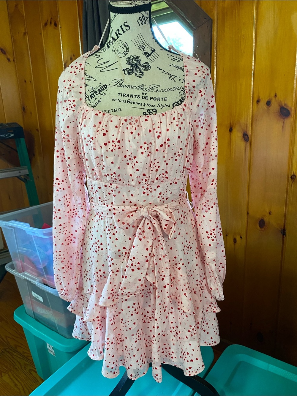 Blue Rain Pink Heart-Print Tiered Dress with Waist Tie